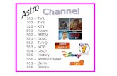 101 – TV1 102 – TV2 325 – XTY 501 – Awani 502 – BRTV 551 – DISC 552 – TV iQ 553 – NGE 554 – DSCI