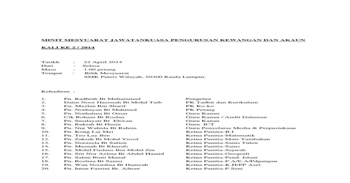 Minit Mesyuarat Kewangan Ke 2 2014 Pdf Document